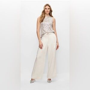 Melanie Lyne cream trouser, high waist, wide leg, attached slim belt, no pockets